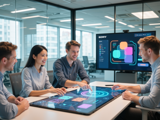 Professional team working together on digital projects, modern office environment with glowing screens and collaborative workspace