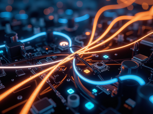 Advanced technology infrastructure with glowing circuits and digital interfaces, dark background with fluorescent green accents